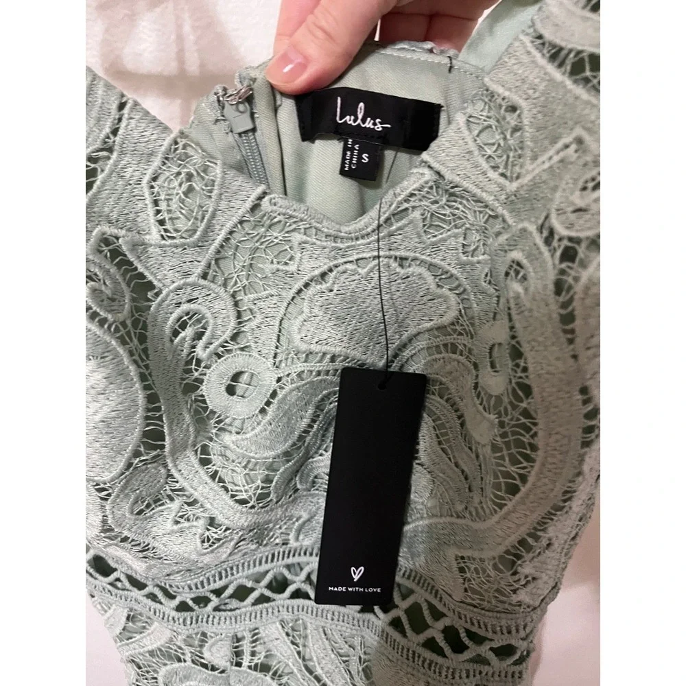 NWT Lulus‎ Won Your Heart Sage Green Lace Tie-Strap High-Low Midi Dress Small